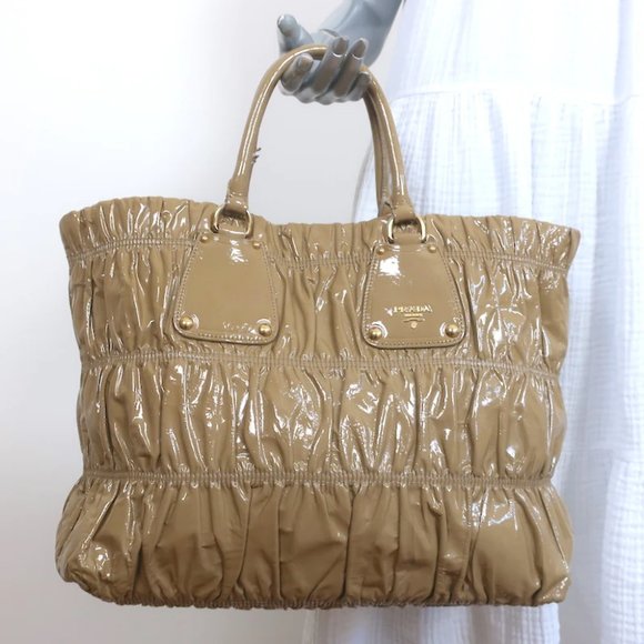 Prada Handbags - Prada Vernice Gaufre Tote Camel Patent Leather Large Shoulder Bag